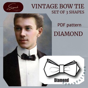 Op de afbeelding: Vintage vlinderdas PDF-patroon met een ruitvormig ontwerp. De afbeelding bevat een vintage foto van een persoon die een zwarte vlinderdas draagt, en een zwart-wit illustratie van de vlindervorm. De tekst luidt "Vintage Bow Tie Set of 3 Shapes".