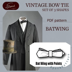 Peut inclure: Image d'un ensemble de nœuds papillon vintage avec trois formes, dont un modèle en forme d'aile de chauve-souris. L'image montre un costume noir, un haut-de-forme et un schéma de nœud papillon. Le texte sur l'image indique "Vintage Bow Tie" et "Batwing".
