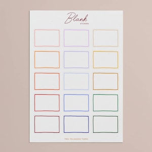 Puede incluir: Una hoja de pegatinas en blanco con bordes rectangulares de colores. La palabra "Blank" está escrita en cursiva en la parte superior, con "Stickers" debajo. La parte inferior de la hoja dice "TRES TRILINGÜES TIGRES".