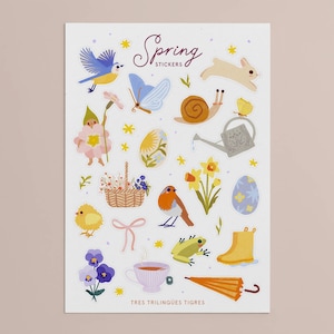 Spring illustrated sticker sheet, colorful sticker sheet with flowers, rabbit, and butterfly, motif stickers in blue, yellow, and pink, sustainable, DIN A6