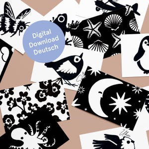 Könnte beinhalten: Eine Sammlung von schwarz-weißen digitalen Download-Karten mit verschiedenen Illustrationen. Die Karten zeigen Bilder von Biene, Frosch, Vogel, Flugzeug, Seesternen, Muscheln, Pinguin, Blumen, Oktopus, Mond und Sternen. Die Karten haben den Text "Digital Download Deutsch".