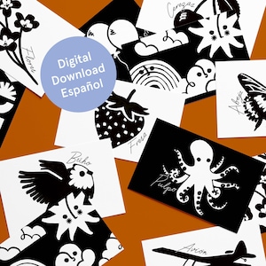 Könnte beinhalten: Eine Sammlung von schwarz-weißen Lernkarten mit verschiedenen Illustrationen. Die Karten zeigen Bilder von Blumen, Erdbeeren, Eulen, Tintenfischen und mehr. Der Text "Digital Download Español" befindet sich auf einem blauen Kreis.