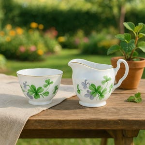 May include: A white porcelain teacup and creamer set with a gold rim and a green and grey shamrock design. The set is on a wooden table with a neutral cloth, with a blurred garden background.