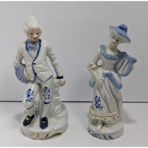Victorian Style Porcelain Figurines Of A Gentleman and Lady Hand-Painted Elegant Design 7&quot; Tall Blue & White Accents