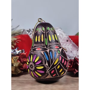 Hand-Carved Painted Gourd Ornament Featuring Colorful Bird Design and Rattle