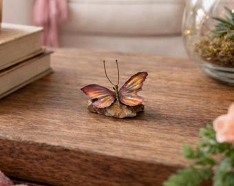 Vintage Metal Butterfly on Quartz Crystal Geode Sculpture Decor