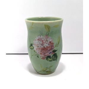 Crate & Barrel Green Hydrangea Vase 4.75&quot; Hand-Painted Floral Design With Crazing Decorative