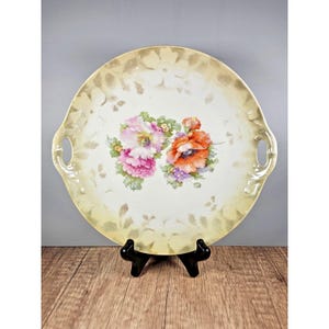 Antique German Porcelain Hand-Painted Floral 2-Handle Cake Serving Plate 12&quot; Diameter
