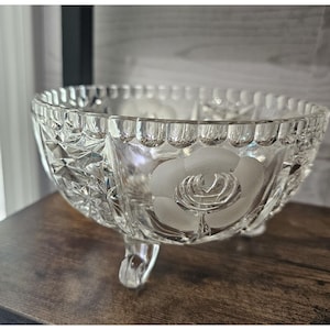 Vintage Lead Crystal Footed Candy Dish With Etched Floral Design 7&quot; Diameter