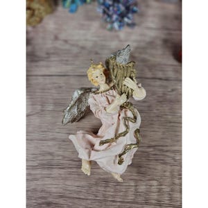Vintage 90s Resin Angel Ornament With Harp 4&quot; Pale Pink