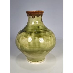 Green & Brown Drip Glaze Pottery Vase With T Marking Handmade Decorative 5&quot;x4.5&quot; Collectible Home Decor Accent