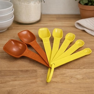 Puede incluir: Un juego de seis cucharas medidoras en tonos naranja y amarillo, dispuestas en forma de abanico. Cada cuchara tiene una etiqueta de medición, incluyendo 1 cucharada y 1 cucharadita. Las cucharas son de plástico y están sobre una superficie de madera.