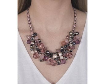 Vintage Pink Beaded Cluster Necklace with Ribbon Chain Detail