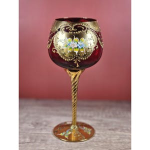 Vintage Enameled Wine Glass With Gold Floral Embellishments