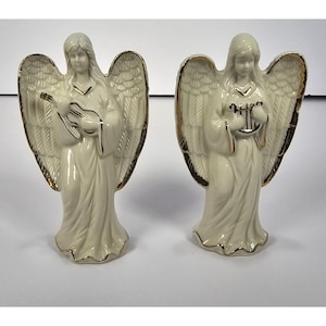 Set Of 2 White Porcelain Angels With Gold Trim Harp & Violin Figurines 4.5&quot; Tall