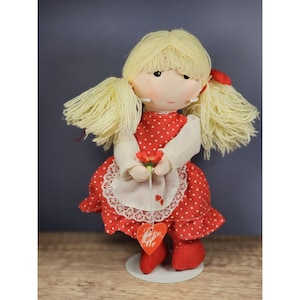 Vintage Rag Doll In Red Polka Dot Dress Holding Heart & Flower