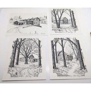 Lotto di 4 stampe in bianco e nero di Karl King su cartoncino 8" x 10" raffiguranti fienili e alberi