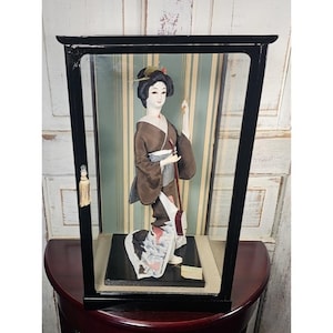 Japanese Geisha Doll In Silk Kimono With Samisen Glass Case Handmade Antique 16 1/4&quot;