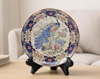 Vintage Asahi Japan Peacock Plate Blue Gold Porcelain Wall Decor