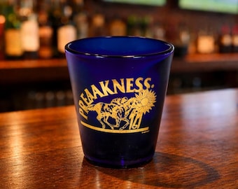 Vintage Preakness Stakes 121st Running Blue Gold Horse Racing Shot Glass
