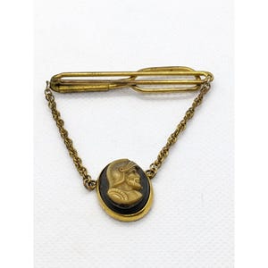 Vintage Brass Tie Bar With Chain & Cameo Design