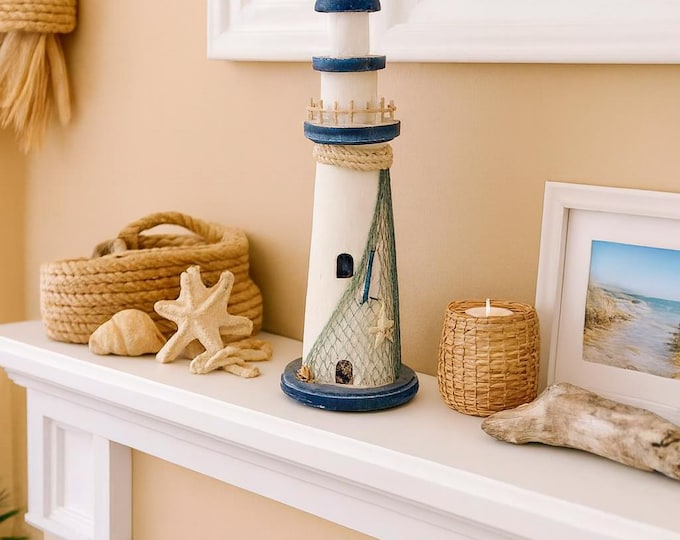 Vintage Wooden Lighthouse Decor Nautical Coastal Blue White Rope 12 ...