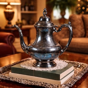 Puede incluir: Una tetera plateada con detalles ornamentados se encuentra sobre una pila de libros y un tapete en una bandeja plateada decorativa. La tetera tiene un pico y un asa curvos, y un adorno decorativo en la tapa. La bandeja está sobre una mesa de madera.