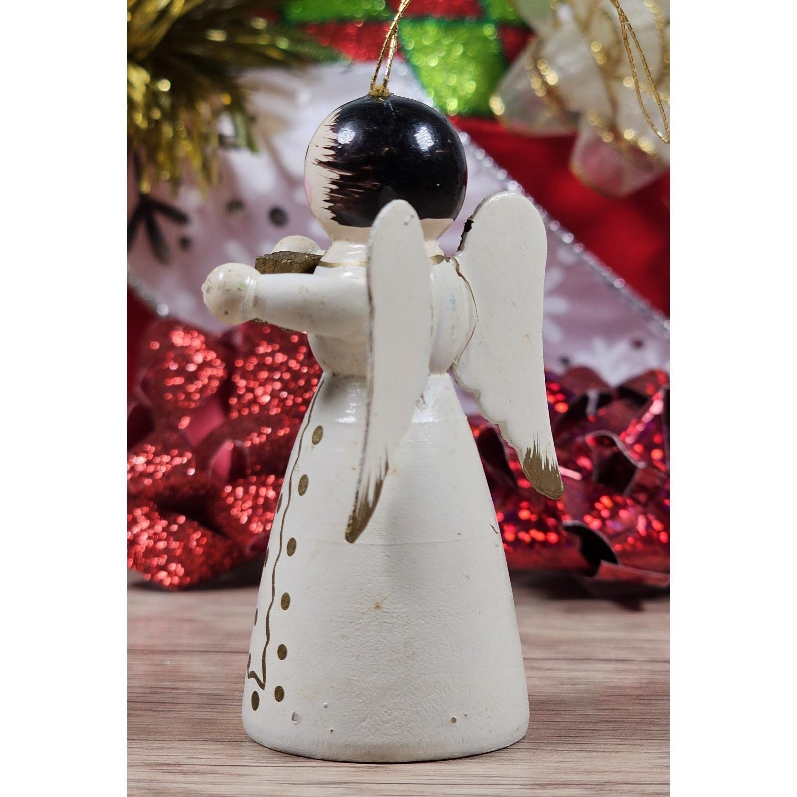 木製エンジェル ヴィンテージドイツ製 2.5インチ木製エンジェルオーナメント ホワイト