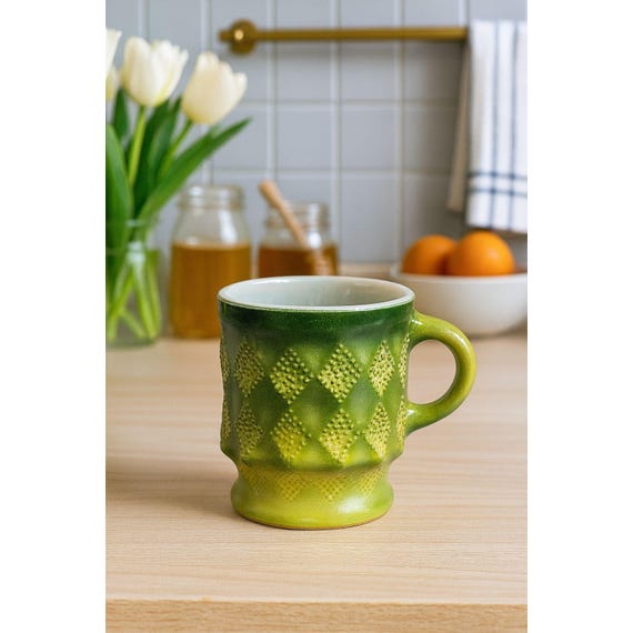 Vintage Anchor Hocking Fire King Kimberly Green Diamond Mug