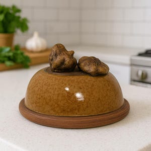 May include: A ceramic garlic keeper with a glossy, speckled tan dome lid and a dark brown wooden base. Two sculpted, realistic-looking brown garlic bulbs are attached to the top of the dome, serving as a handle for the lid.