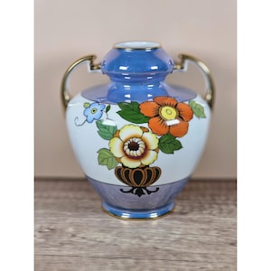 Vintage 1930s Noritake Lusterware Floral Vase 6&quot; With Golden Handles