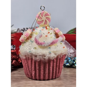 Candyland Pink Glitter Cupcake Ornament Mints & Candy Canes Christmas Decor 4 In