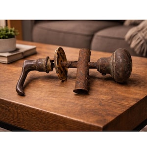 May include: An antique door handle set with a lever and a round knob. The metal has a weathered, rusty appearance, with shades of brown and bronze. The set is displayed on a wooden surface, suggesting a vintage or rustic aesthetic.