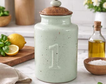 Vintage Pier 1 Mint Green Speckled Canister with Wooden Lid