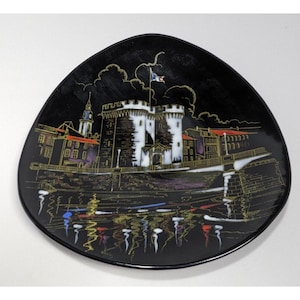 Vintage Longwy Verdun Porte Chaussee Plate Wall Art Black Gold France 7.5&quot;
