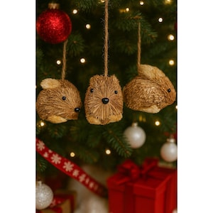 Lot de 3 décorations de souris en poils de paille et ficelle de jute, toile de jute naturelle