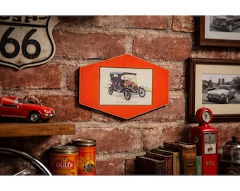 Vintage Ford Model T 1908 Print Mounted on Red Board, 11.5 x 8