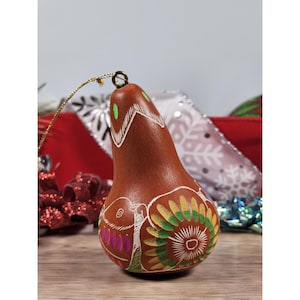 Hand-Carved and Painted Gourd Ornament With Bird Design - 3.5&quot; Lucuma Peruvian Rattle Unique Holiday Decoration & Artisan Craft