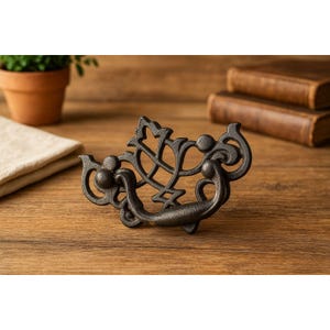 Könnte beinhalten: Ein schwarzer Schubladengriff aus Gusseisen mit einem verzierten, durchbrochenen Design. Der Griff ist nach unten gebogen, und das dekorative Element weist ein stilisiertes Blättermuster auf. Die Hardware befindet sich auf einer Holzoberfläche, was eine Vintage- oder Antik-Ästhetik suggeriert.