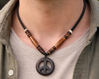 Vintage Wood Peace Sign Necklace Boho Beaded Cord Pendant