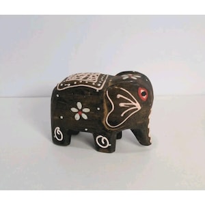 Hand Carved Wooden Elephant Figurine With Intricate White & Red Painted Details 2.5 Inches Artisan Decor For Collectors Or Home Display