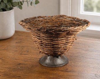 Vintage Woven Basket Metal Pedestal Farmhouse Centerpiece Decor