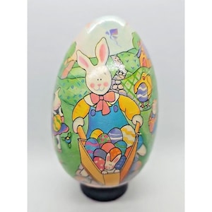 Vintage Paper Mache Easter Egg Rabbit With Wheelbarrow Full Of Eggs Display Decoration