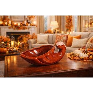 May include: A large, glossy, reddish-brown ceramic decorative bowl with a unique, curved handle. The bowl is on a dark wooden table, with a cozy, autumnal-themed living room in the background. The bowl is approximately 18 inches long.