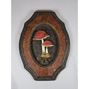 Vintage 1970s Mushroom Wall Decor Metal & Wood Plaque Boho Style