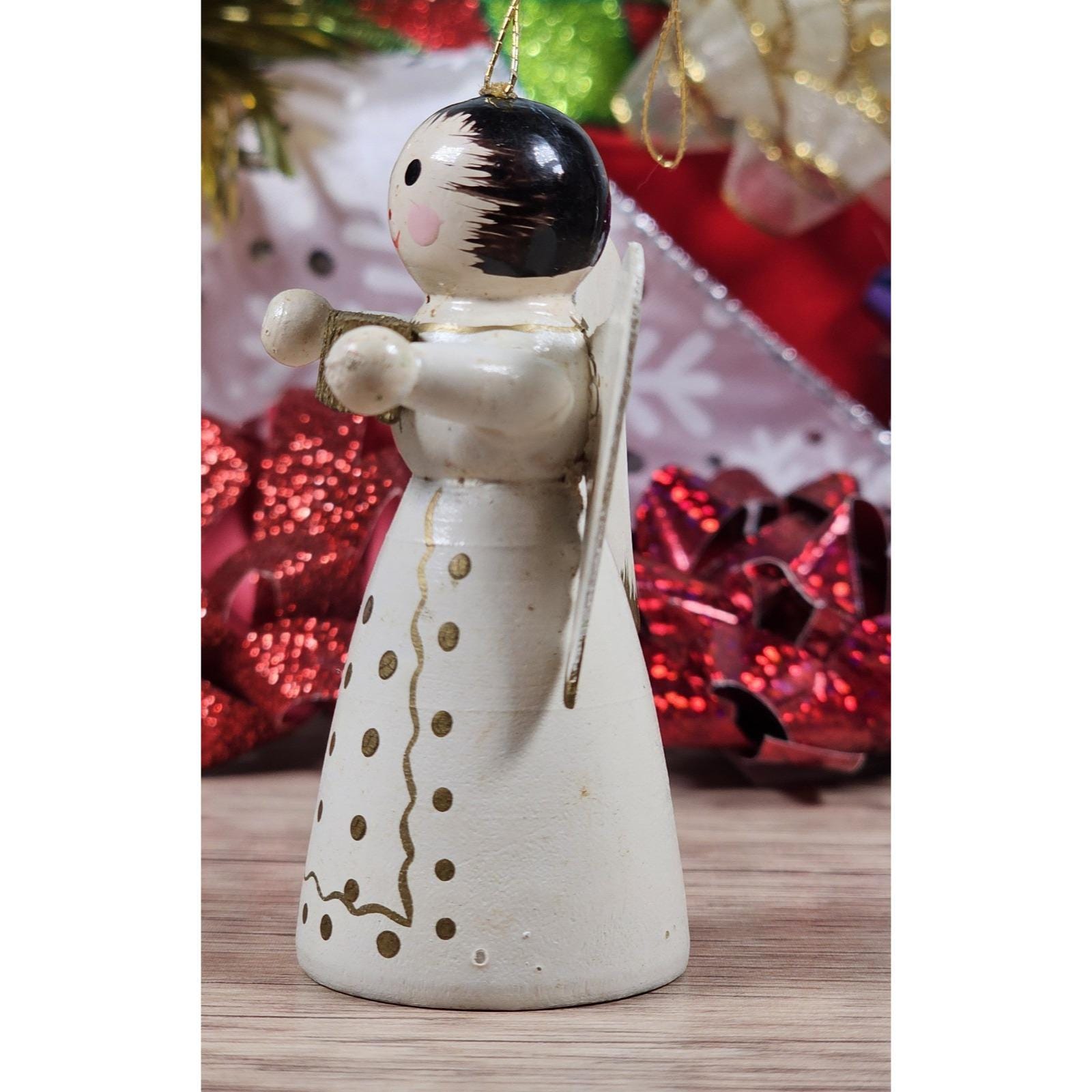 木製エンジェル ヴィンテージドイツ製 2.5インチ木製エンジェルオーナメント ホワイト