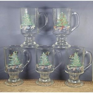 Vtg 90s Christmas Tree Irish Coffee Glass Mugs Set Of 5 Pedestal Style