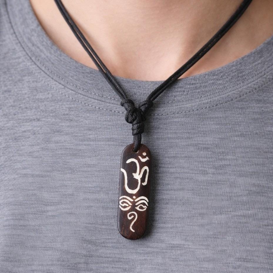 Vintage Om Ganesha Wooden Pendant Necklace Adjustable Cord