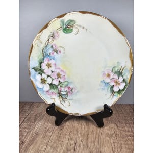 H & Co Bavaria Hand Painted Pink Dogwood Plate 7.5&quot; Gold Trim Floral Design Collectible Vintage