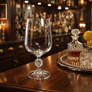 Pode incluir: Um copo de vinho transparente com uma haste decorativa facetada e uma taça larga. O copo está sobre um balcão de madeira, com um jarro e outros utensílios de vidro ao fundo. O ambiente do bar sugere um foco em artigos de bar e artigos de vidro.